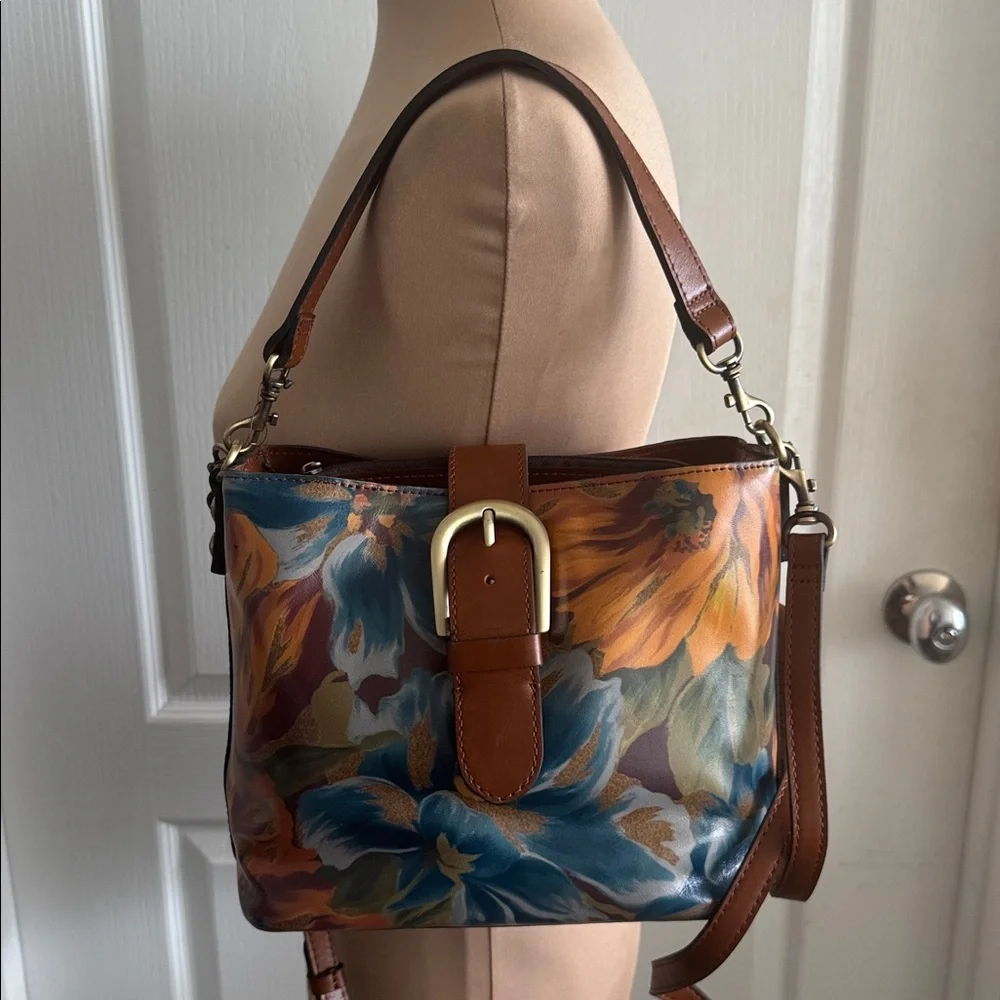 Patricia Nash Irving Bucket Handbag Leather Disstressed  Marigold Harvest Floral